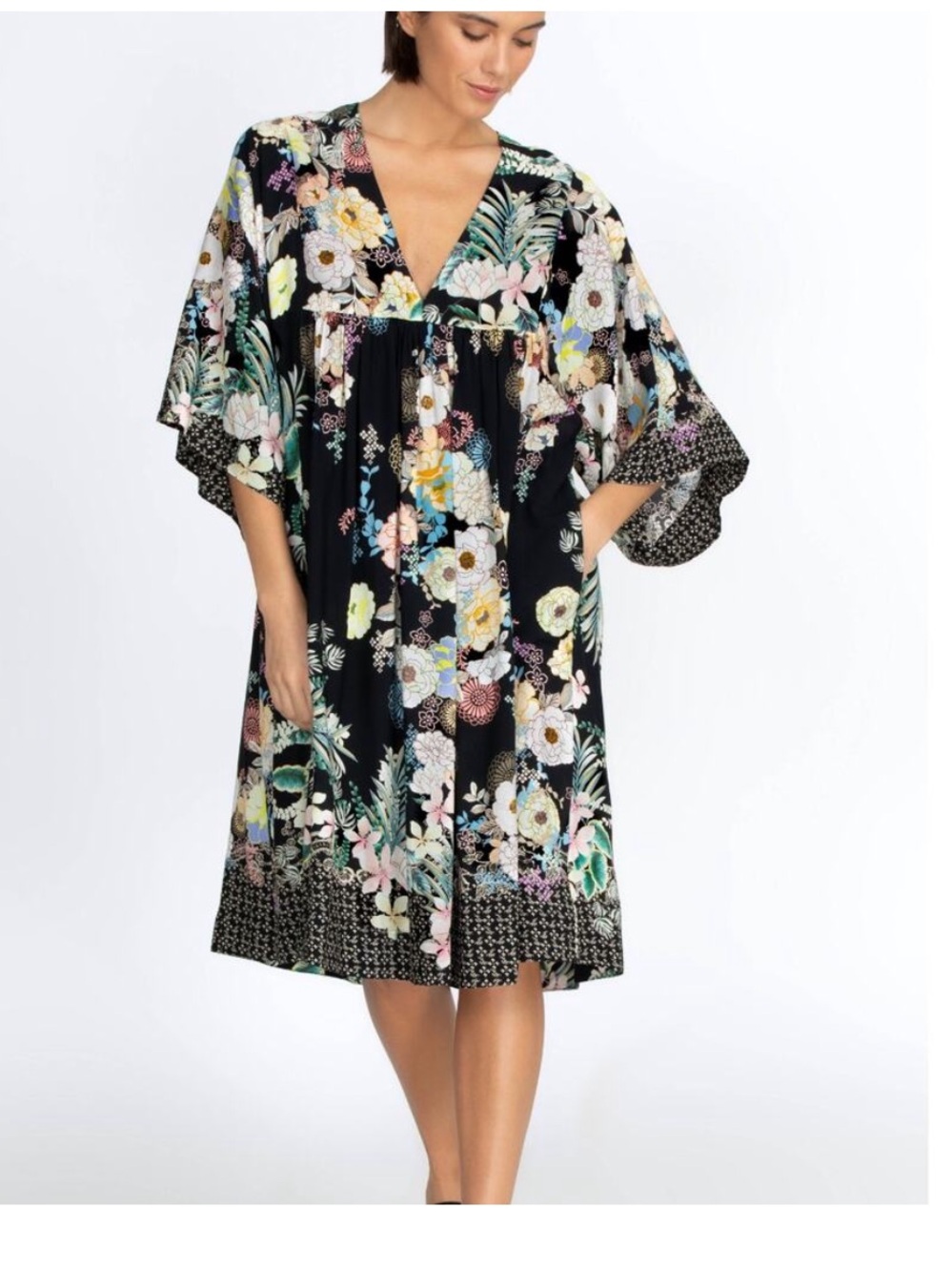 Johnny Was California Mila Black Floral Easy Coverup Dress in Rayon - Size Small